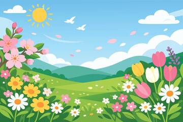 Fototapeta premium Spring Landscape Vector Illustration with Beautiful Flowers, Cherry Blossoms, Tulips, and Daisies in a Green Meadow Under a Sunny Blue Sky with Clouds and Birds. Flat Design Seasonal Background.
