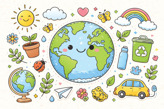 Hand Drawn Earth Planet Scrapbook Doodle Sticker Collge Featuring Cute World Glbe, Recycling, Electric Ca, Green Plants, and Sun fo Environmental Protection nd Sustainability Educatio.