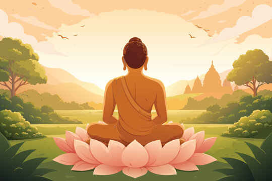 Mahavir Jayanti 2026 Greeting Design Featuring Lord Mahavir Statue Back View Meditating on a Lotus Flower at Sunrise with Temple and Mountains Landscape, Spiritual Flat Vector Illustration