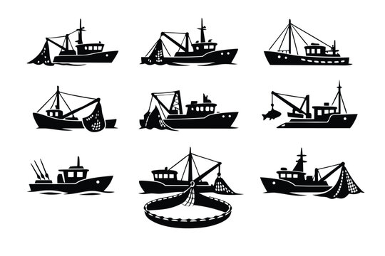 Silhouette Fishing Boat Icon Set Featuring Various Commercial Vessels with Fishing Equipment like Nets, Cranes, and Trawls for Maritime Design, Industrial Sea Fishing, and Nautical Graphics.