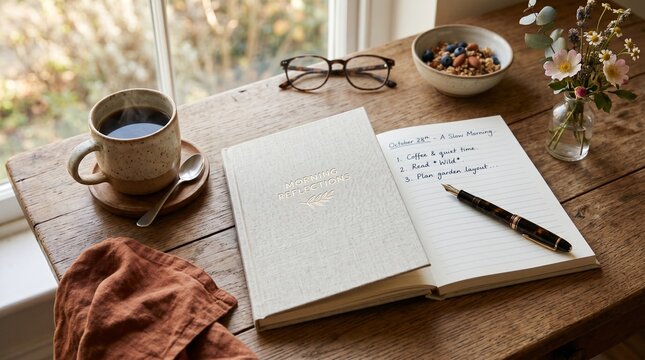 Morning coffee and reflection with journal flowers and snacks