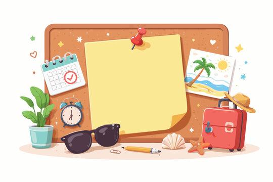 Out of Office Concept with Blank Yellow Sticky Note on Corkboard, Travel Planning with Suitcase, Sunglasses, Calendar, and Beach Photo for Summer Vacation, Holiday, and Work Break Illustration