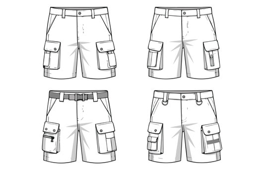 Men's Cargo Shorts Technical Fashion Illustration Set featuring Utility Bermuda Shorts Front View Variations, CAD Flat Sketch for Apparel Design, Multi-Pocket Tactical Shorts Template Vector Art