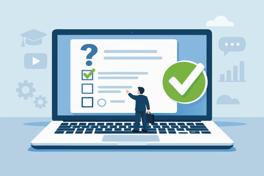 Miniature Businessman Standing on Laptop Pointing at Online Test Form with Question Mark and Checkboxes, Concept of Digital Survey, E-learning, Business Assessment and Professional Evaluation.