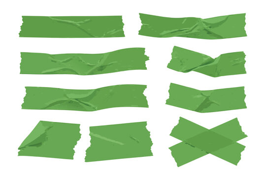 Set of Realistic Green Adhesive Masking Tape Pieces with Wrinkles and Textures Isolated on White Background. Vector Collection of Sticky Paper Strips, Torn Tape, and Cross Shape for Graphic Design.
