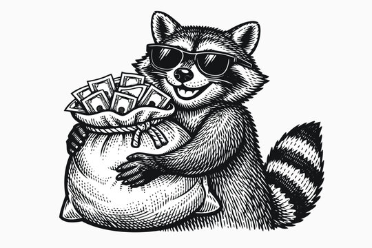 Funny Raccoon Wearing Sunglasses and Smiling While Holding a Large Money Bag Full of Cash, Vintage Engraving Style Vector Illustration of a Wealthy Bandit Animal Character Isolated on White