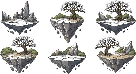 Floating islands set with leafless trees, rocky cliffs, boulders and green bushes isolated on white background. © D P Store