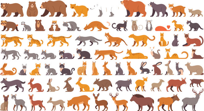 PrintWild animals mega vector illustration collection set with bears tigers wolves deer foxes rabbits wildcats isolated on white background flat cartoon style graphic design element clip art