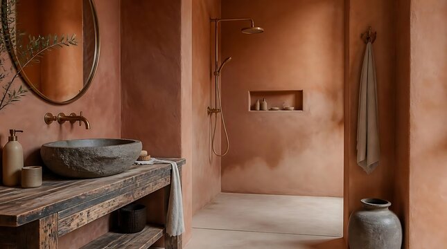 Rustic bathroom design with copper accents and earthy tones for a spa-like feel.