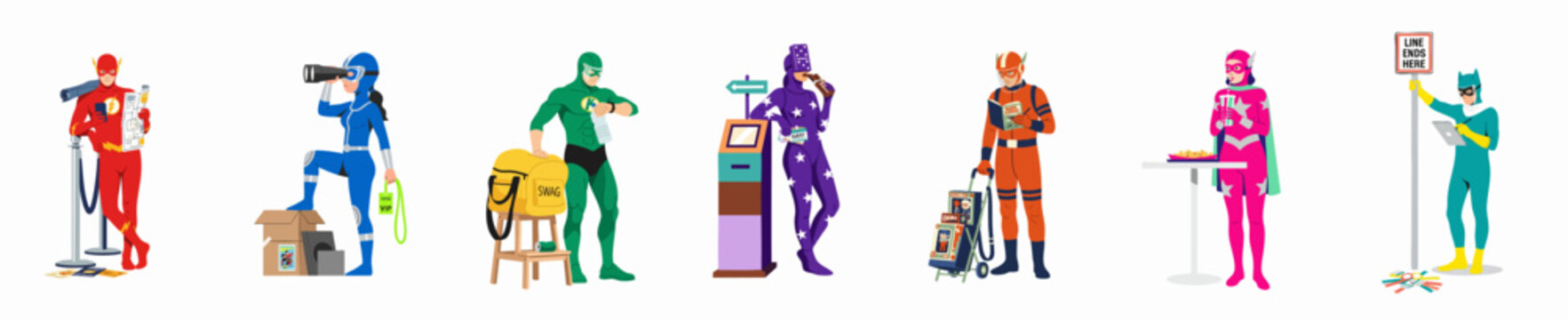 Flat Illustration of Various Superhero Characters in Mundane Everyday Situations and at a Fan Convention