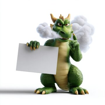 Green dragon three dimensional cartoon character holding white sign