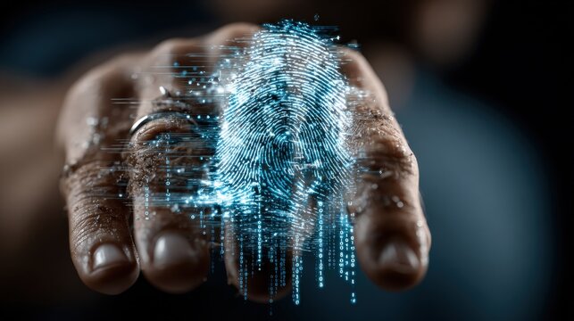 Digital data stream flows from a person's hand, illuminated by glowing blue particles, symbolizing technological advancement and connectivity. Created with Generative AI, not depicting real subjects.