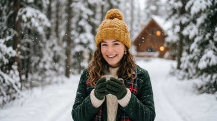 Fototapeta premium A young woman in a yellow hat and green coat standing in a snowy forest, holding a hot drink.