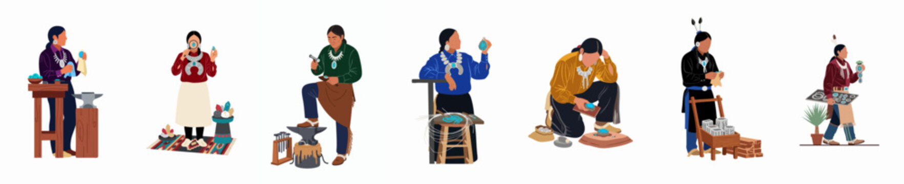 Illustrations of Native American artisans crafting traditional jewelry, showing different stages of the process from silversmithing to polishing and selling turquoise ornaments.
