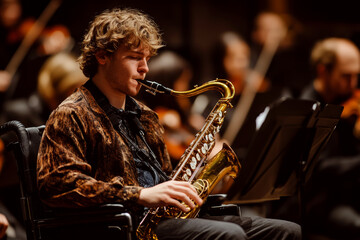 Fototapeta premium Young musician playing saxophone while seated on stage, with orchestra blurred in the background under warm lighting