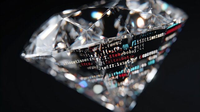 A dazzling diamond reflects lines of computer code, symbolizing the intricate intersection of technology and precious value. ..Created with Generative AI, not depicting real subjects.