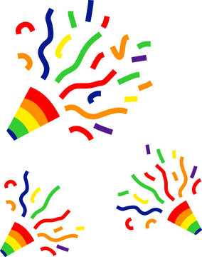 Festive rainbow party poppers launching colorful confetti streams, cheerful celebration elements designed for pride parade events, dynamic explosive graphics representing happiness and joy