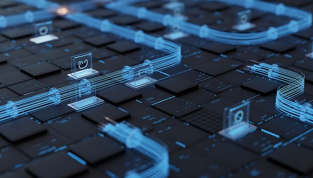 Abstract Digital Landscape Representing Neural Network Circuitry with Layered Glass Design