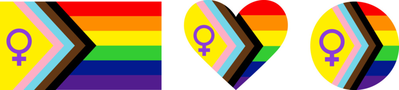 Inclusive progress pride flags featuring female symbol for lesbian visibility, heart circle and rectangle shapes for digital layouts, colorful gender equality emblems supporting queer women
