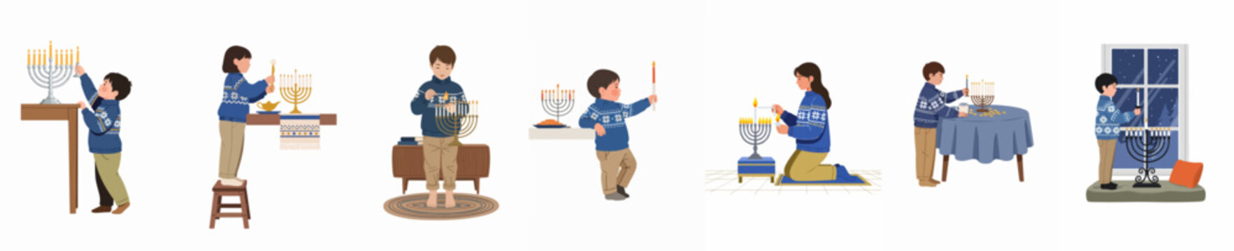 Flat vector illustration set of children and teenagers lighting Hanukkah menorah candles in various home settings during the Jewish Festival of Lights.