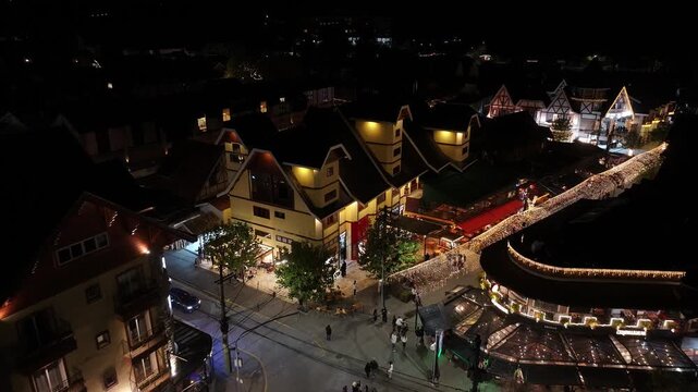 Night Scape Of Capivari Village In Campos Do Jordao In Sao Paulo Brazil. City At Night Scene. Winter  Destination. Brazilian Switzerland. Capivari Village In Campos Do Jordao In Sao Paulo Brazil. 
