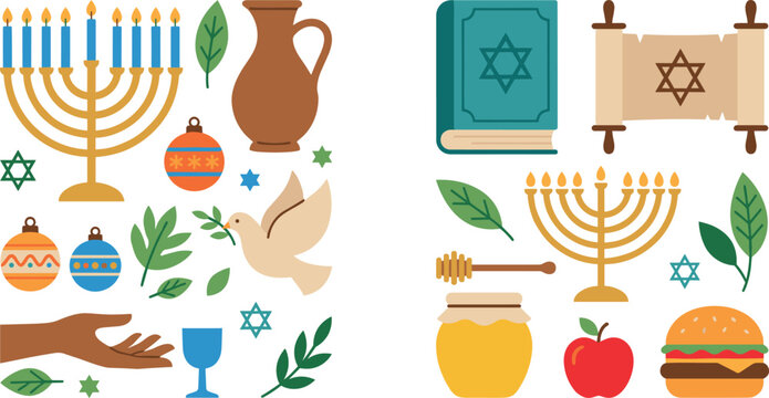 Jewish Hanukkah Holiday Symbols Collection with Menorah, Torah Scroll, Dove, Honey Jar, and Traditional Festival Vector Illustration Set