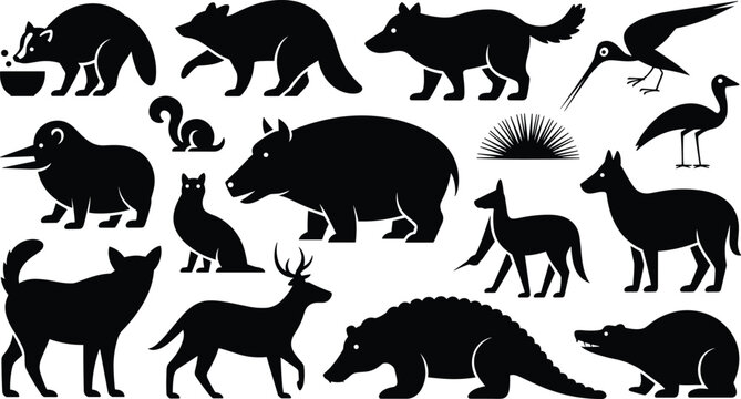 Woodland and wild forest animals silhouette vector illustration collection set with raccoon deer wolf badger birds isolated on white background flat design graphic element clip art