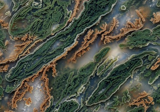 Macro texture of a moss agate gemstone with green and brown dendritic inclusions like algae