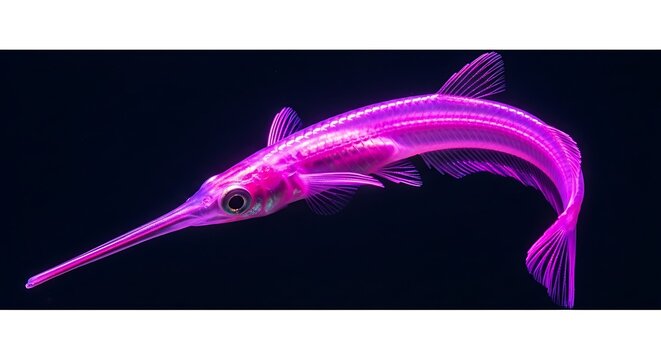 Glowing pink needlefish in dark water