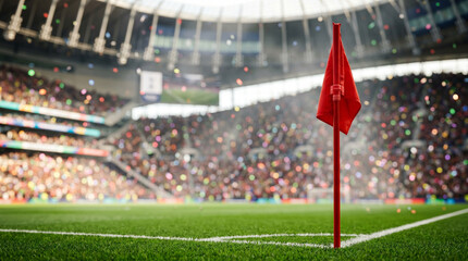 Obraz premium Red soccer corner flag in a crowded stadium with confetti