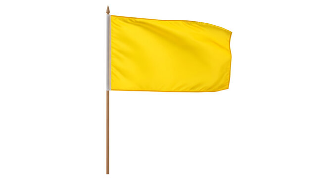 Yellow flag waving on a pole against plain background
