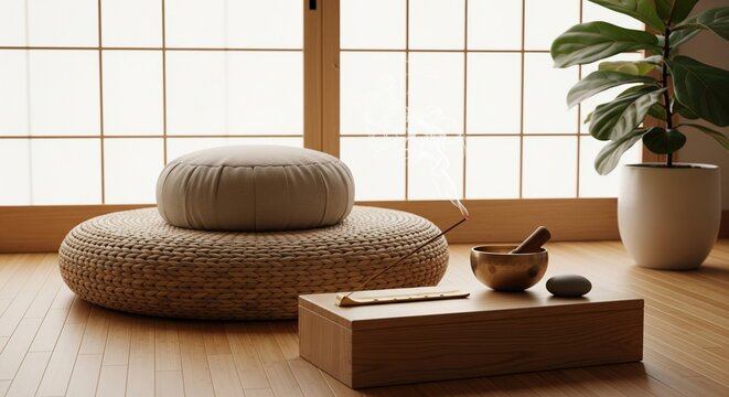 Peaceful zen meditation corner with cushions and incense smoke near a shoji screen window
