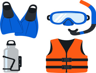 Scuba Diving and Snorkeling Equipment Icon Set with Mask Snorkel Flippers Life Vest and Water Bottle for Summer Vacation Graphic Designs © MdMunzurul