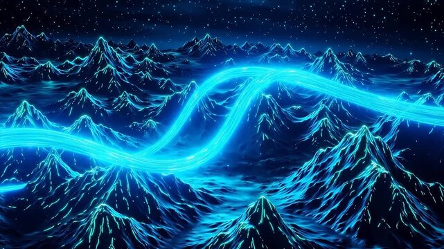 青く輝く山々の風景は,自然の美しさと手つかずの環境を強調している。