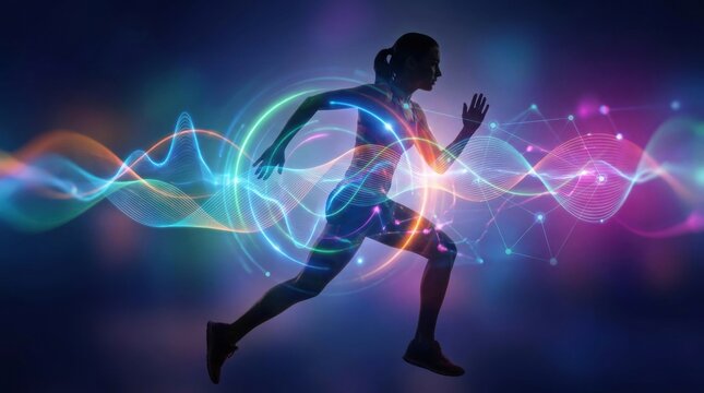 Runner in Abstract Energy Field: A dynamic silhouette of a female runner in mid-stride is enveloped by a vibrant, abstract field of colorful energy waves and glowing particles, suggesting speed.