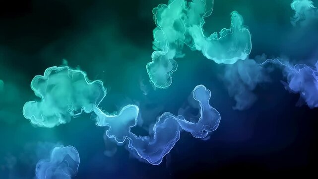 Abstract blue and teal ink swirling in liquid. Slow motion chemical fluid cloud expanding. Creative motion background with glowing colorful smoke effect texture.