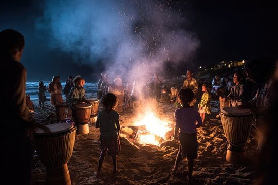 Moonlit family drum circle on beach, congas and bongos thumping, ocean roar syncing rhythm, fire pit sparks flying, primal unity