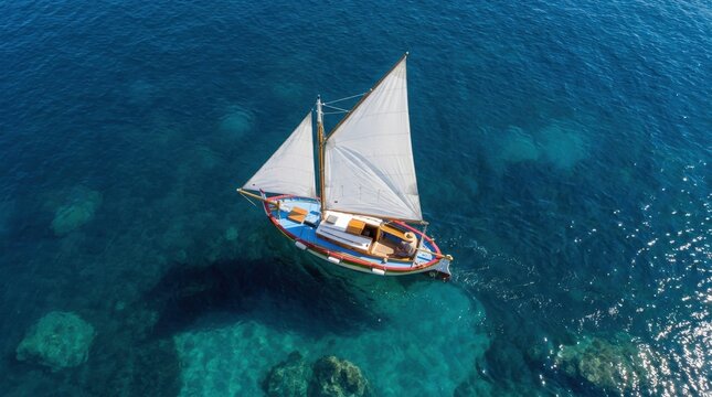 Sailing Adventure: A majestic sailboat glides across the crystal-clear turquoise waters of the ocean, its sails billowing in the gentle breeze, promising a journey of discovery and freedom.