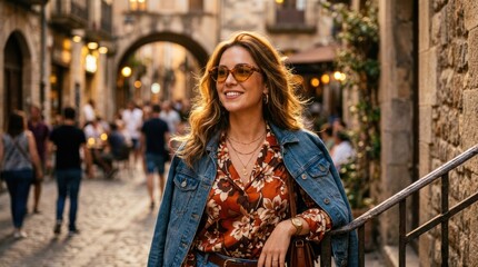 Obraz premium A woman in a denim jacket and floral blouse, standing on a cobblestone street in a European town.