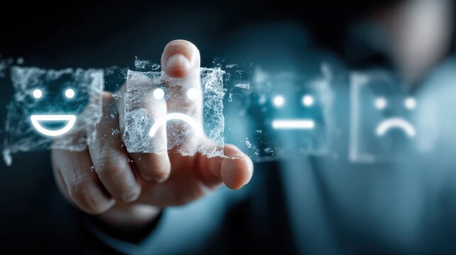 A close-up shot of a hand interacting with a digital interface displaying a row of emoticons ranging from happy to sad. ..Created with Generative AI, not depicting real subjects.