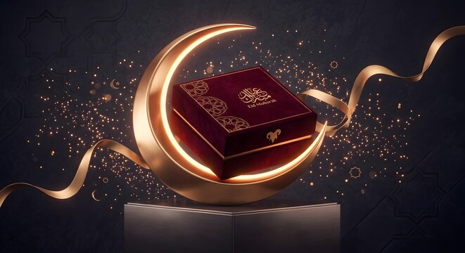 Premium Red Eid Mubarak Gift Box on Golden Crescent Moon with Glowing Sparkles and Ribbon