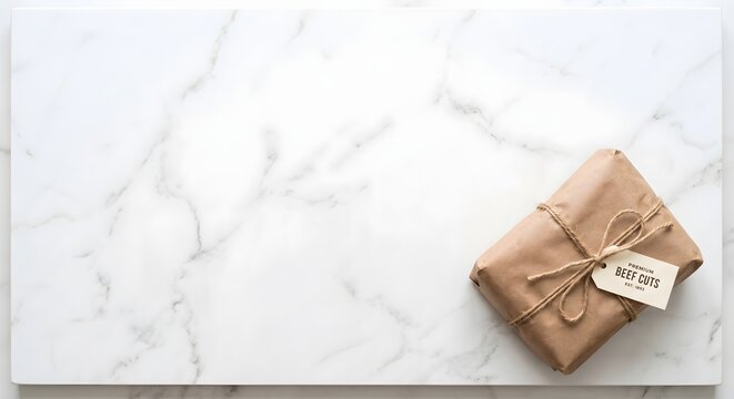 Minimalist Rustic Brown Paper Gift Parcel with Eid Mubarak Tag on Marble