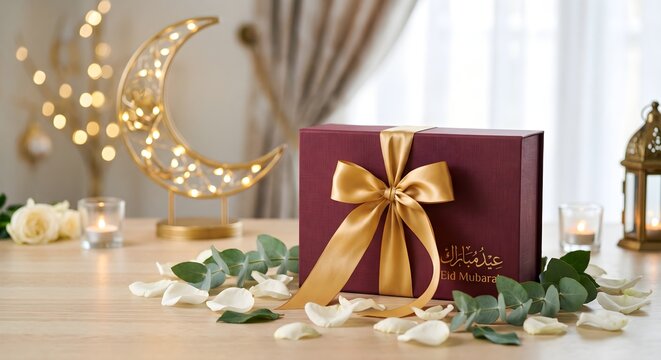 Elegant Maroon Eid Mubarak Gift Box with Gold Ribbon and Crescent Decor