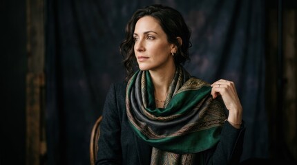 Fototapeta premium A woman wearing a green scarf with intricate patterns, sitting in a dimly lit room with dark walls and a wooden chair.