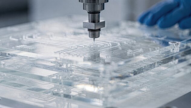Detailed view of precision molding process shaping microfluidic channels within multilayer glass substrates highlighting innovative device fabrication techniques.