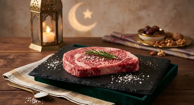 Raw Beef Steak on Black Slate with Glowing Eid Lantern Silhouette