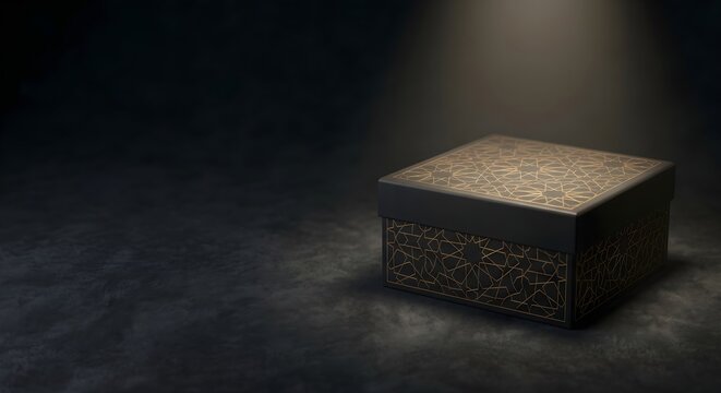 Premium Black Geometric Patterned Gift Box Under Spotlight on Dark Background