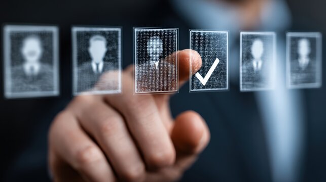 A close-up shot of a person's hand touching a screen, selecting a profile picture from a row of candidates. ..Created with Generative AI, not depicting real subjects.