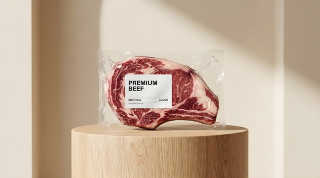 Premium Vacuum Sealed Raw Beef Steak on Wooden Display Pedestal