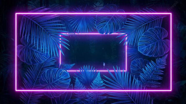Glowing neon square frame on a dark background of tropical jungle leaves. Abstract futuristic concept with empty space for text or a logo